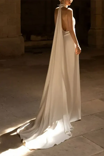 Chic A-Line Halter Sleeveless Backless Draped Ivory Floor-Length Wedding Gown