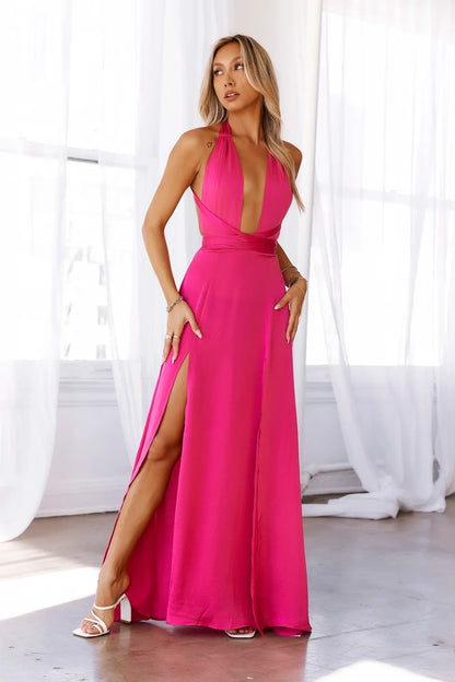 Chic A-Line Halter Sleeveless Backless Slit Fuchsia Floor-Length Prom Dress