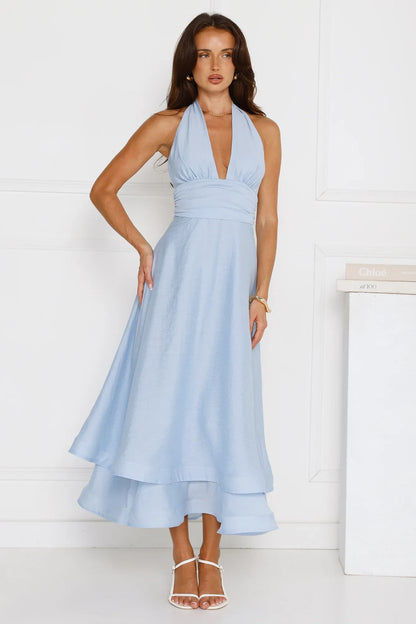 Chic A-Line Halter Sleeveless Backless Tiered Light Blue Midi Prom Dress