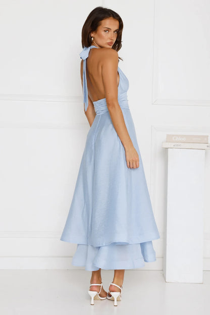 Chic A-Line Halter Sleeveless Backless Tiered Light Blue Midi Prom Dress