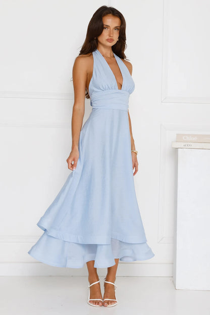 Chic A-Line Halter Sleeveless Backless Tiered Light Blue Midi Prom Dress