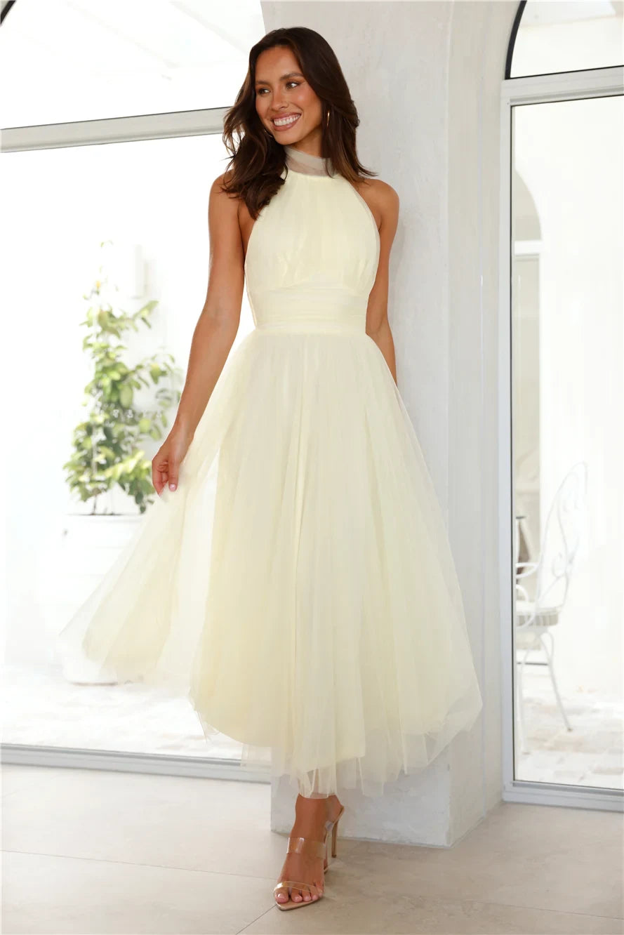 Chic A-Line Halter Sleeveless Backless Tiered Light Yellow Midi Prom Dress