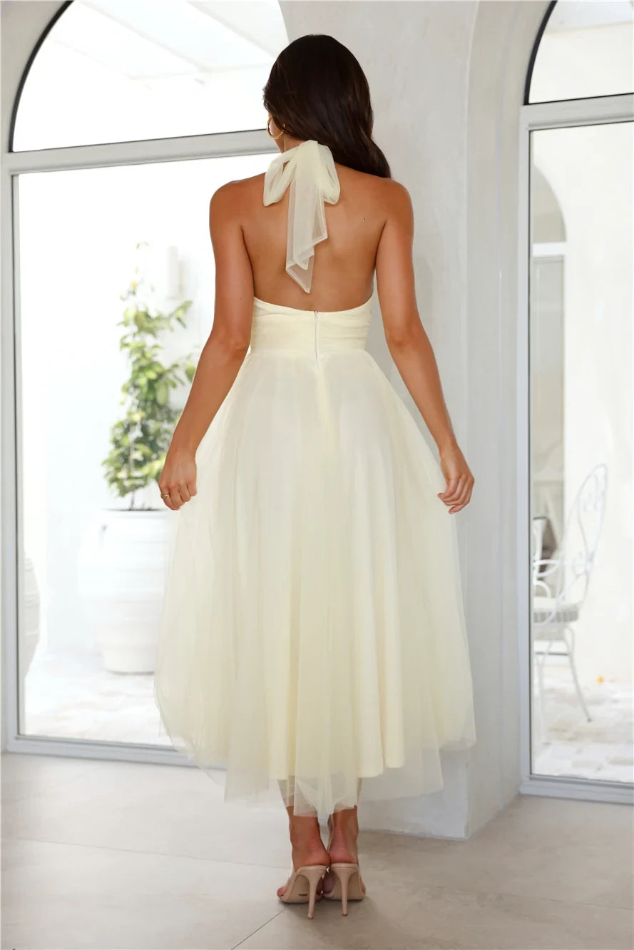 Chic A-Line Halter Sleeveless Backless Tiered Light Yellow Midi Prom Dress