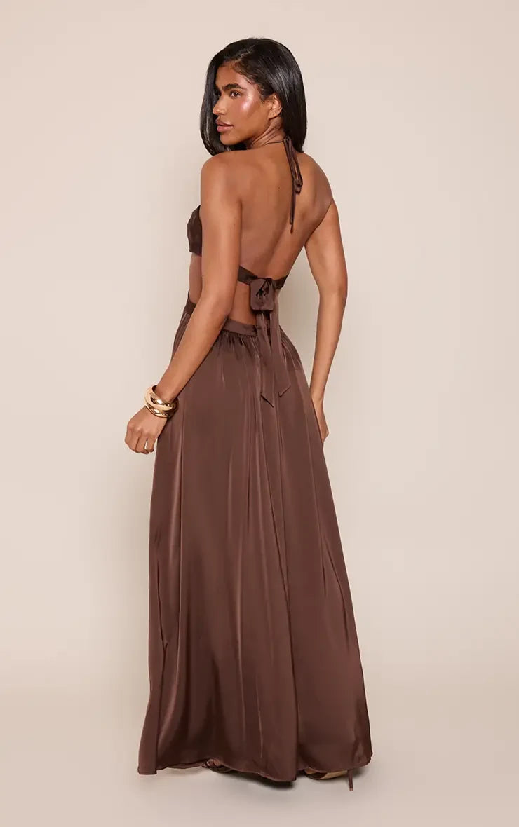 Chic A-Line Halter Sleeveless Cutout Backless Brown Maxi Evening Dresses Women Gown