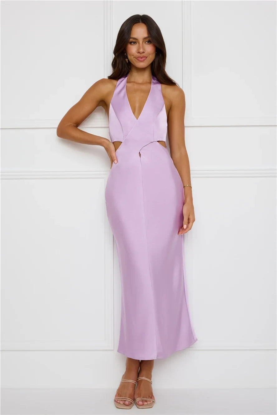 Chic A-Line Halter Sleeveless Cutout Backless Lavender Midi Prom Dress