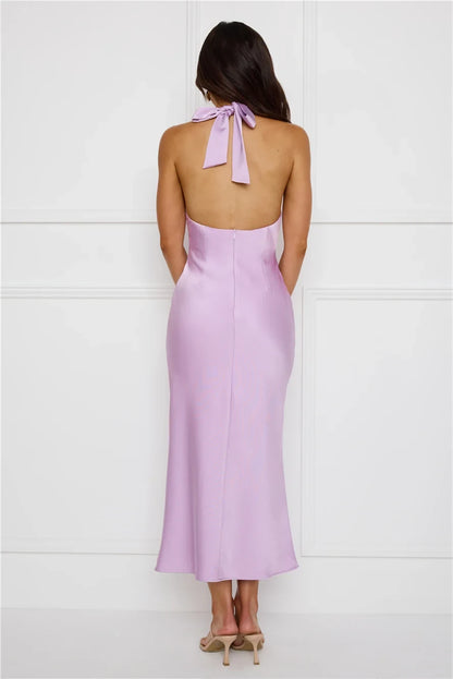 Chic A-Line Halter Sleeveless Cutout Backless Lavender Midi Prom Dress