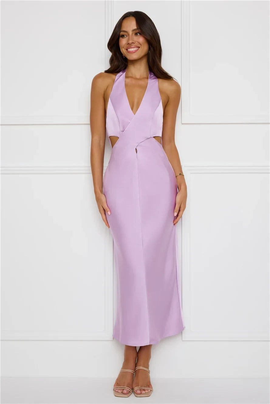 Chic A-Line Halter Sleeveless Cutout Backless Lavender Midi Prom Dress