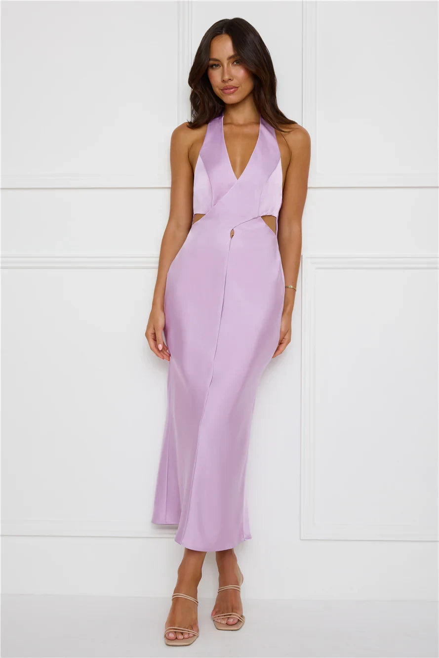 Chic A-Line Halter Sleeveless Cutout Backless Lavender Midi Prom Dress