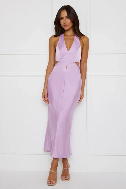 Chic A-Line Halter Sleeveless Cutout Backless Lavender Midi Prom Dress