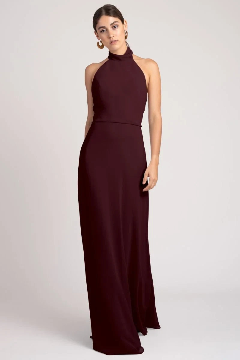 Chic A-Line Halter Sleeveless Draped Tie-Back Mahogany Floor-Length Bridesmaid Dress
