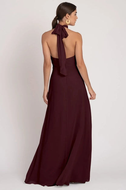 Chic A-Line Halter Sleeveless Draped Tie-Back Mahogany Floor-Length Bridesmaid Dress