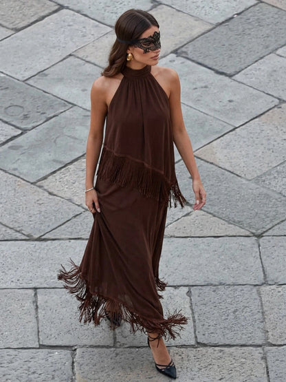 Chic A-Line Halter Sleeveless Fringe Brown Maxi Prom Dresses Women Gown