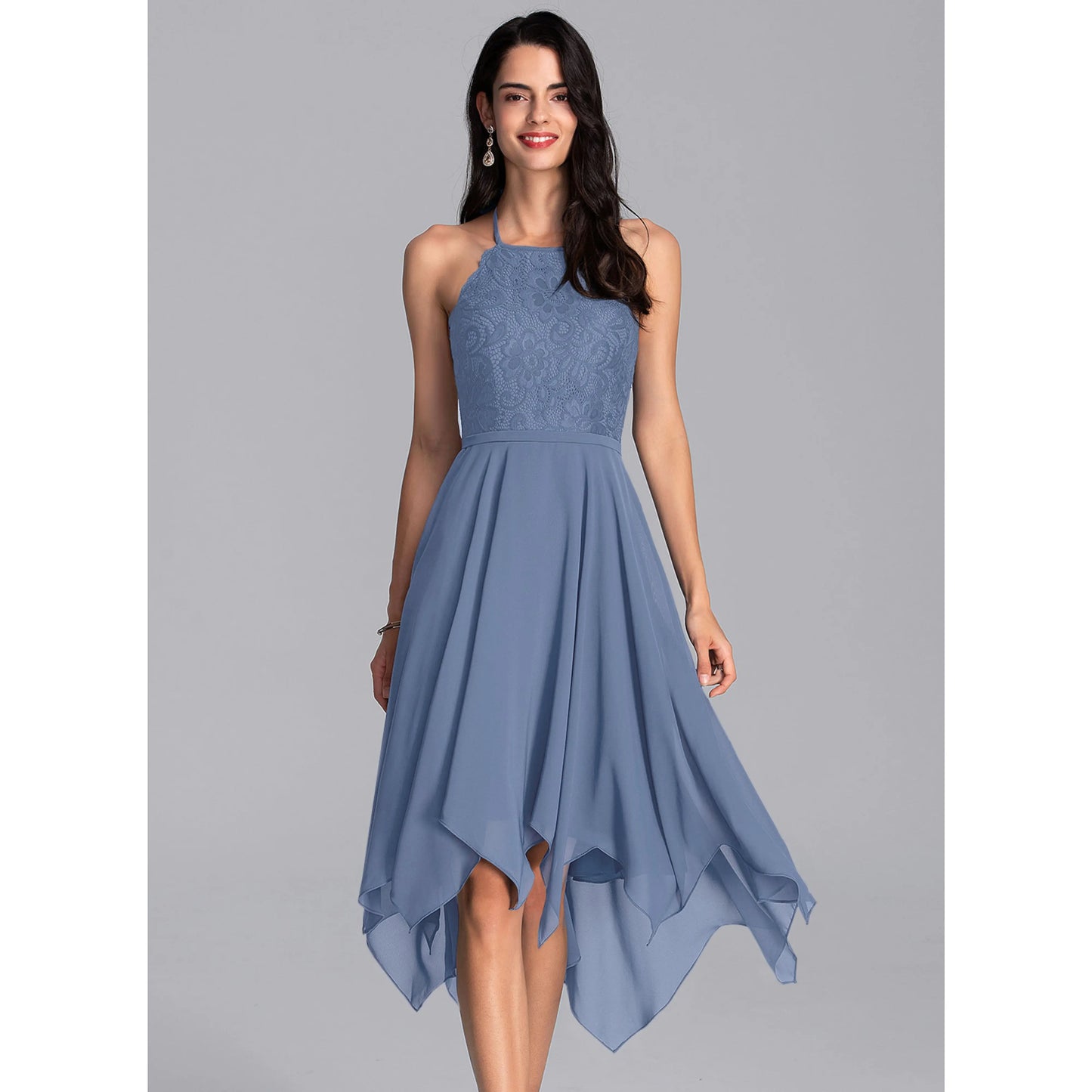 Chic A-Line Halter Sleeveless Lace Asymmetrical Dusty Blue Homecoming Dress