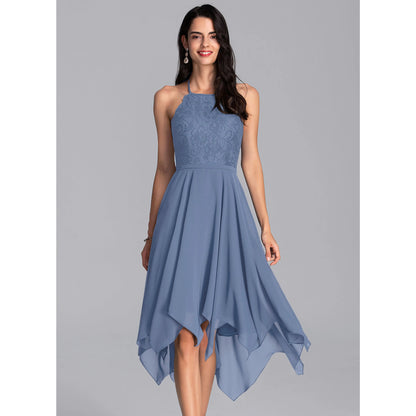 Chic A-Line Halter Sleeveless Lace Asymmetrical Dusty Blue Homecoming Dress