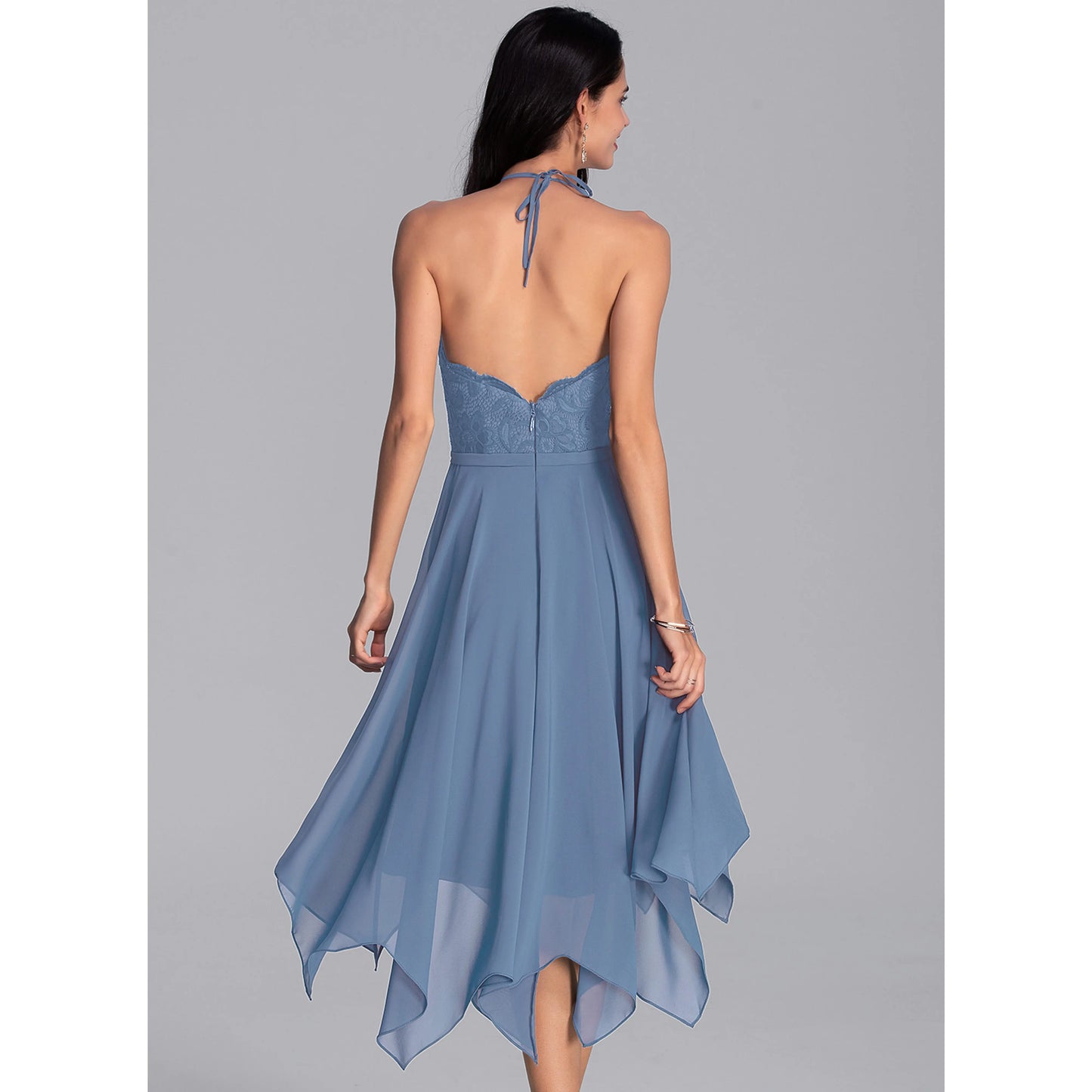 Chic A-Line Halter Sleeveless Lace Asymmetrical Dusty Blue Homecoming Dress