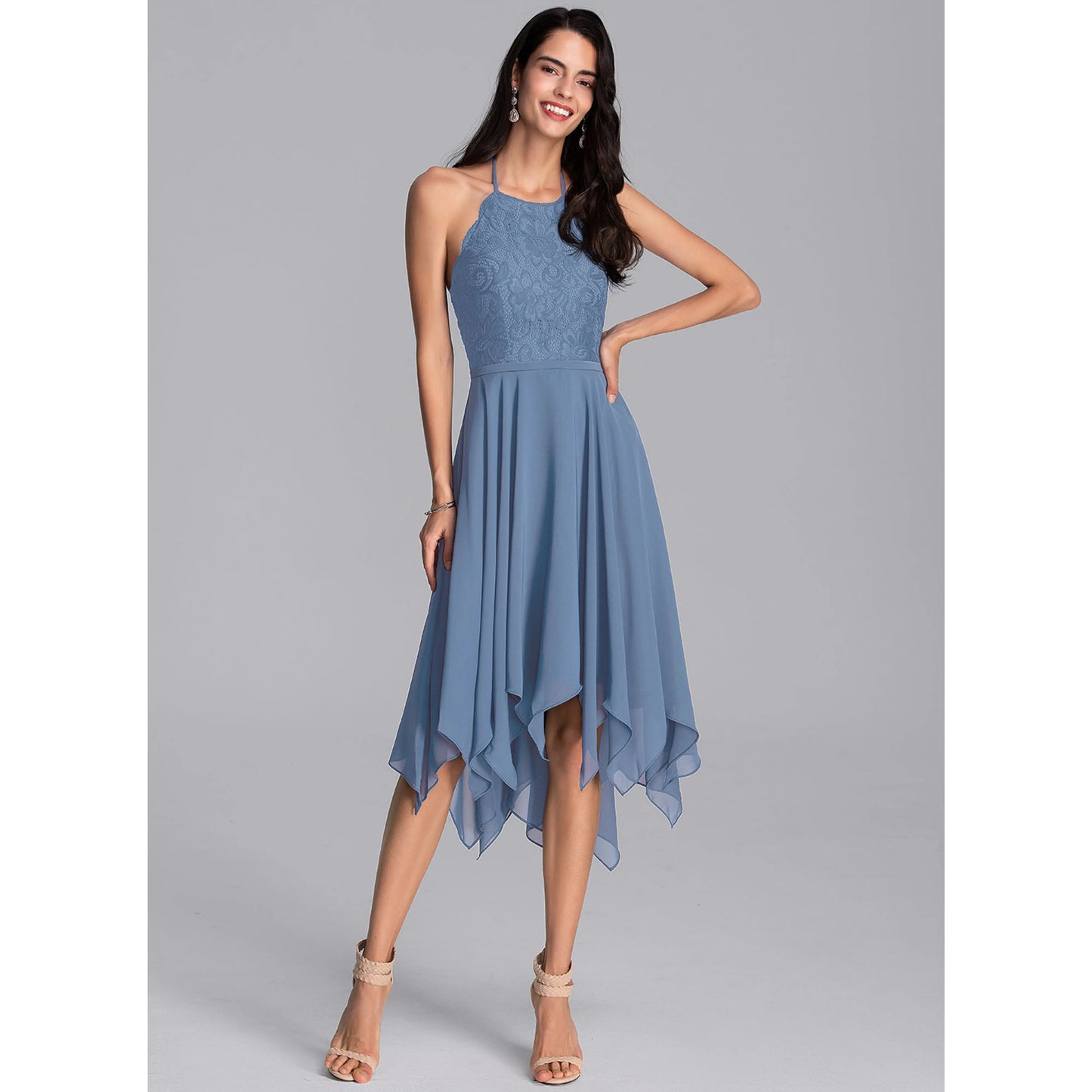 Chic A-Line Halter Sleeveless Lace Asymmetrical Dusty Blue Homecoming Dress