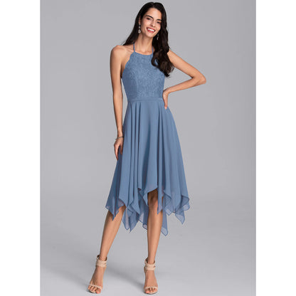 Chic A-Line Halter Sleeveless Lace Asymmetrical Dusty Blue Homecoming Dress