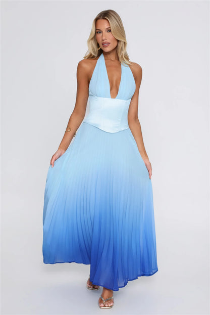 Chic A-Line Halter Sleeveless Ombre Pleated Blue Maxi Evening Dresses Women