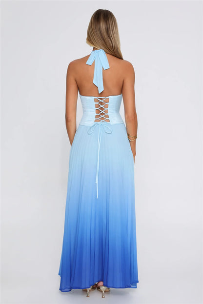 Chic A-Line Halter Sleeveless Ombre Pleated Blue Maxi Evening Dresses Women