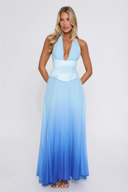Chic A-Line Halter Sleeveless Ombre Pleated Blue Maxi Evening Dresses Women