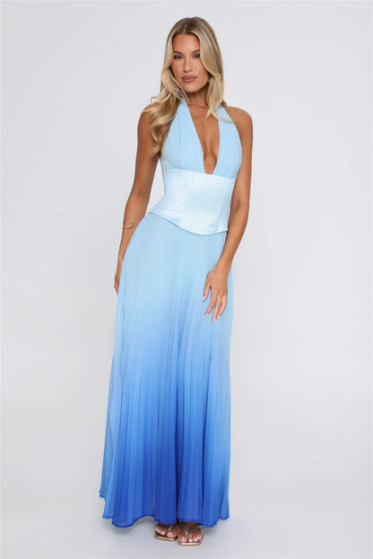 Chic A-Line Halter Sleeveless Ombre Pleated Blue Maxi Evening Dresses Women