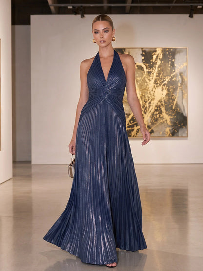 Chic A-Line Halter Sleeveless Pleated Backless Navy Maxi Prom Dresses Gown