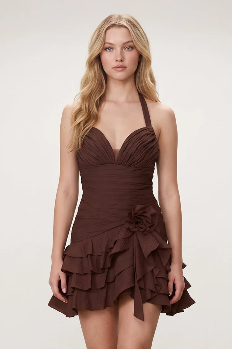 Chic A-Line Halter Sleeveless Pleated Ruffled Brown Short Homecoming Dress for Women