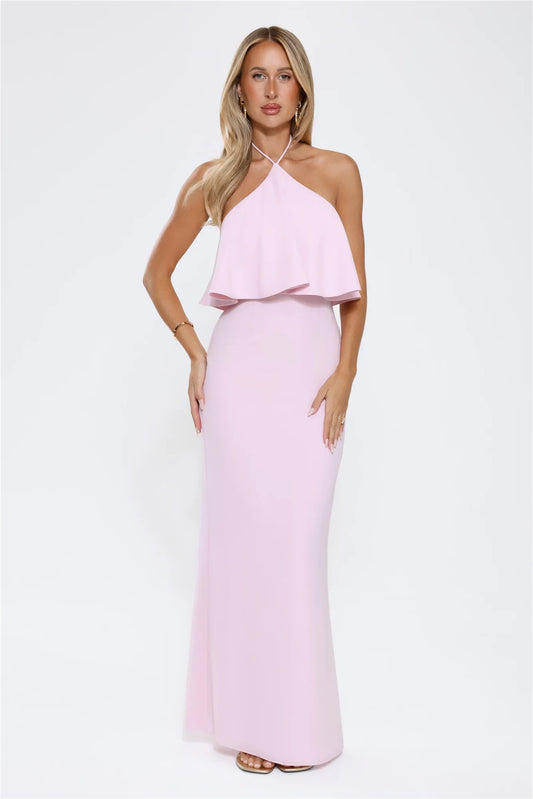Chic A-Line Halter Sleeveless Ruffled Backless Pink Floor-Length Prom Gown