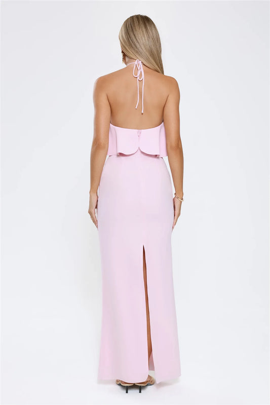 Chic A-Line Halter Sleeveless Ruffled Backless Pink Floor-Length Prom Gown