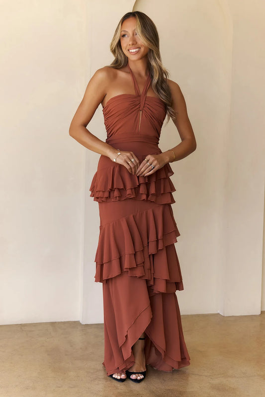 Chic A-Line Halter Sleeveless Ruffled Rust Floor-Length Prom Dress Women's Gown