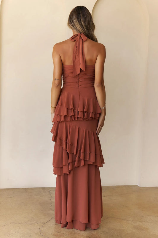 Chic A-Line Halter Sleeveless Ruffled Rust Floor-Length Prom Dress Women's Gown