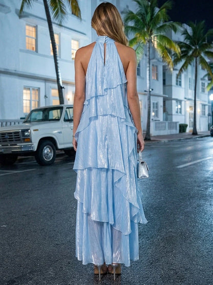 Chic A-Line Halter Sleeveless Tiered Ruffle Blue Maxi Prom Dresses Gown