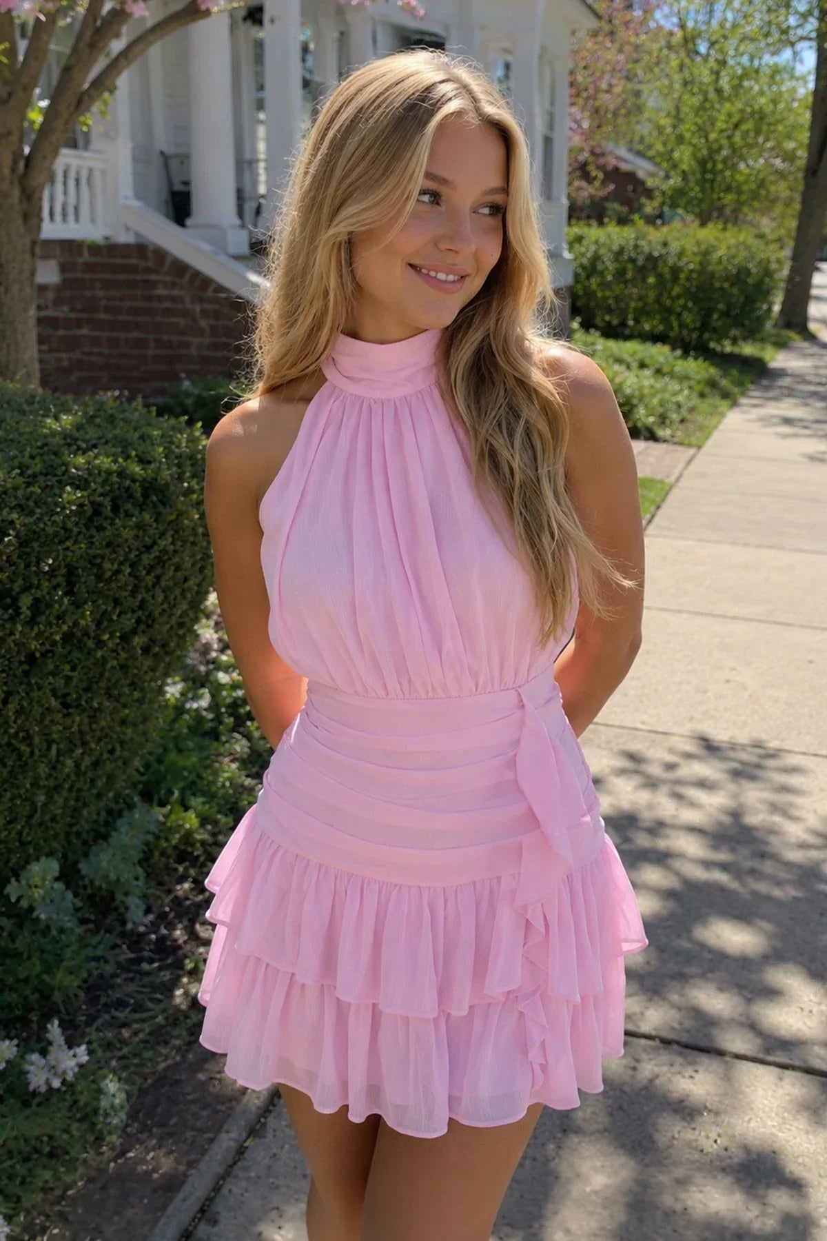 Chic A-Line Halter Sleeveless Tiered Ruffled Candy Pink Short Homecoming Dress Women's