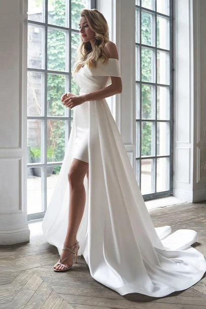 Chic A-Line Off-Shoulder High Slit Draped Ivory Floor-Length Wedding Gown