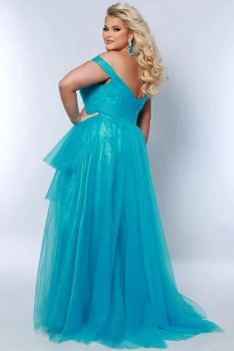 Chic A-Line Off-Shoulder Sleeveless Tiered Slit Turquoise Maxi Evening Dresses Gown