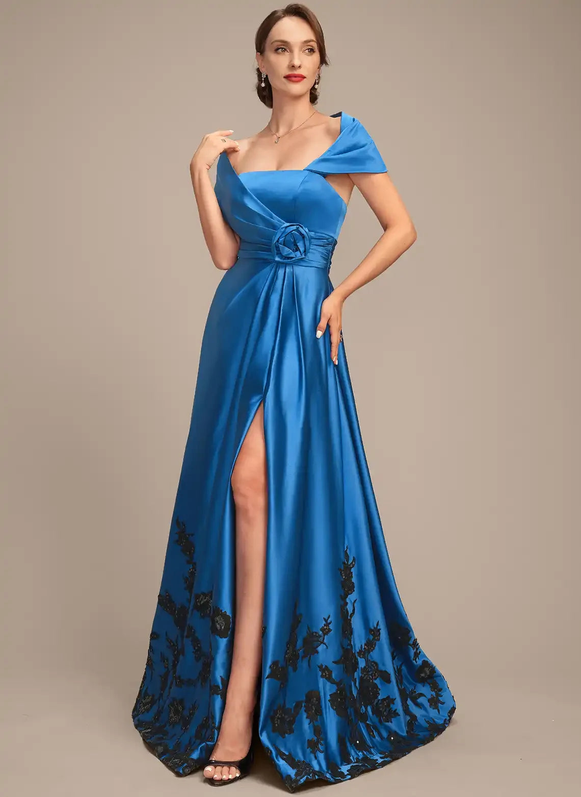 Chic A-Line Off-Shoulder Slit Floral Royal Blue Floor-Length Mother of the Bride Dresses