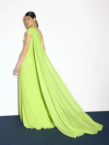 Chic A-Line One-Shoulder Sleeveless Cape Slit Lime Maxi Evening Dresses Women