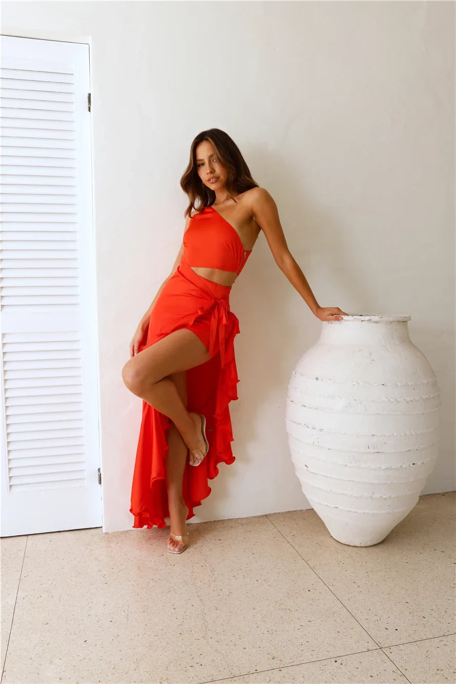 Chic A-Line One-Shoulder Sleeveless Cutout Ruffled Orange High-Low Prom Dress Women's