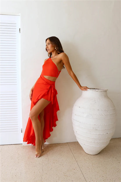 Chic A-Line One-Shoulder Sleeveless Cutout Ruffled Orange High-Low Prom Dress Women's