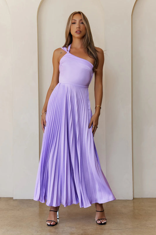 Chic A-Line One-Shoulder Sleeveless Pleated Backless Lavender Midi Prom Dress