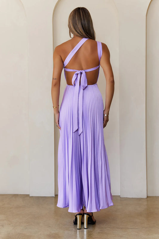 Chic A-Line One-Shoulder Sleeveless Pleated Backless Lavender Midi Prom Dress