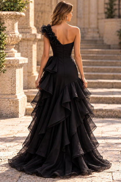 Chic A-Line One-Shoulder Sleeveless Ruffled Slit Black Maxi Prom Dresses Women