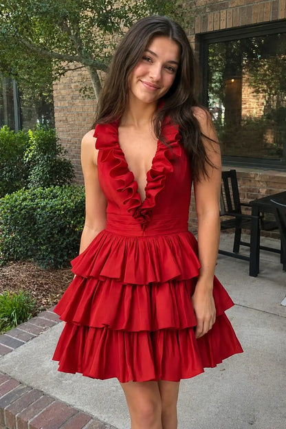 Chic A-Line Ruffled Deep V-Neck Red Short Tiered Homecoming Dress for Women