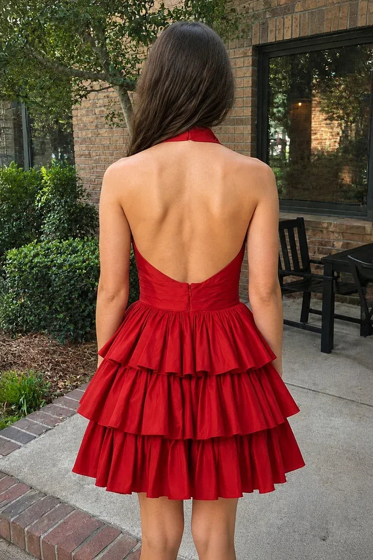Chic A-Line Ruffled Deep V-Neck Red Short Tiered Homecoming Dress for Women