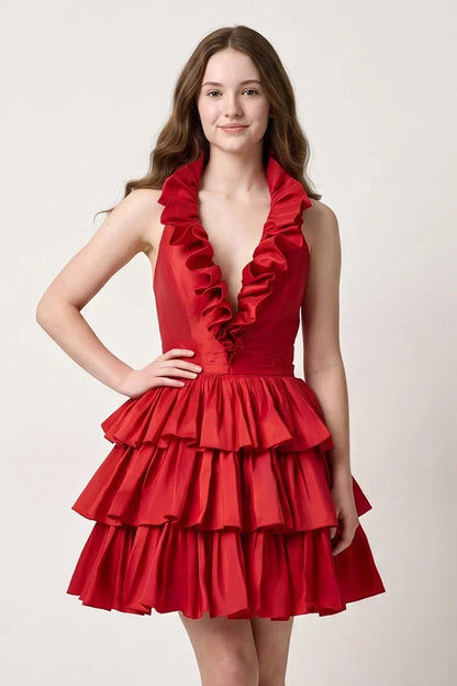 Chic A-Line Ruffled Deep V-Neck Red Short Tiered Homecoming Dress for Women