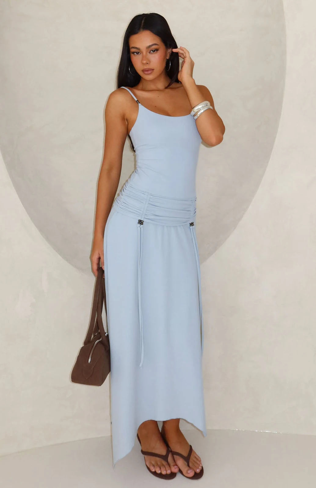 Chic A-Line Scoop Neck Sleeveless Ruched Sky Blue Midi-Maxi Prom Dress Women's