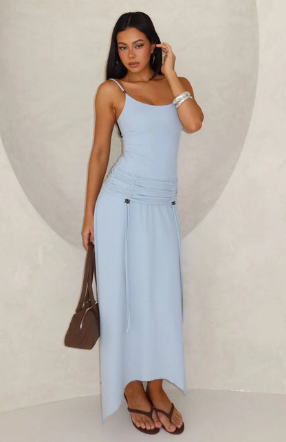 Chic A-Line Scoop Neck Sleeveless Ruched Sky Blue Midi-Maxi Prom Dress Women's