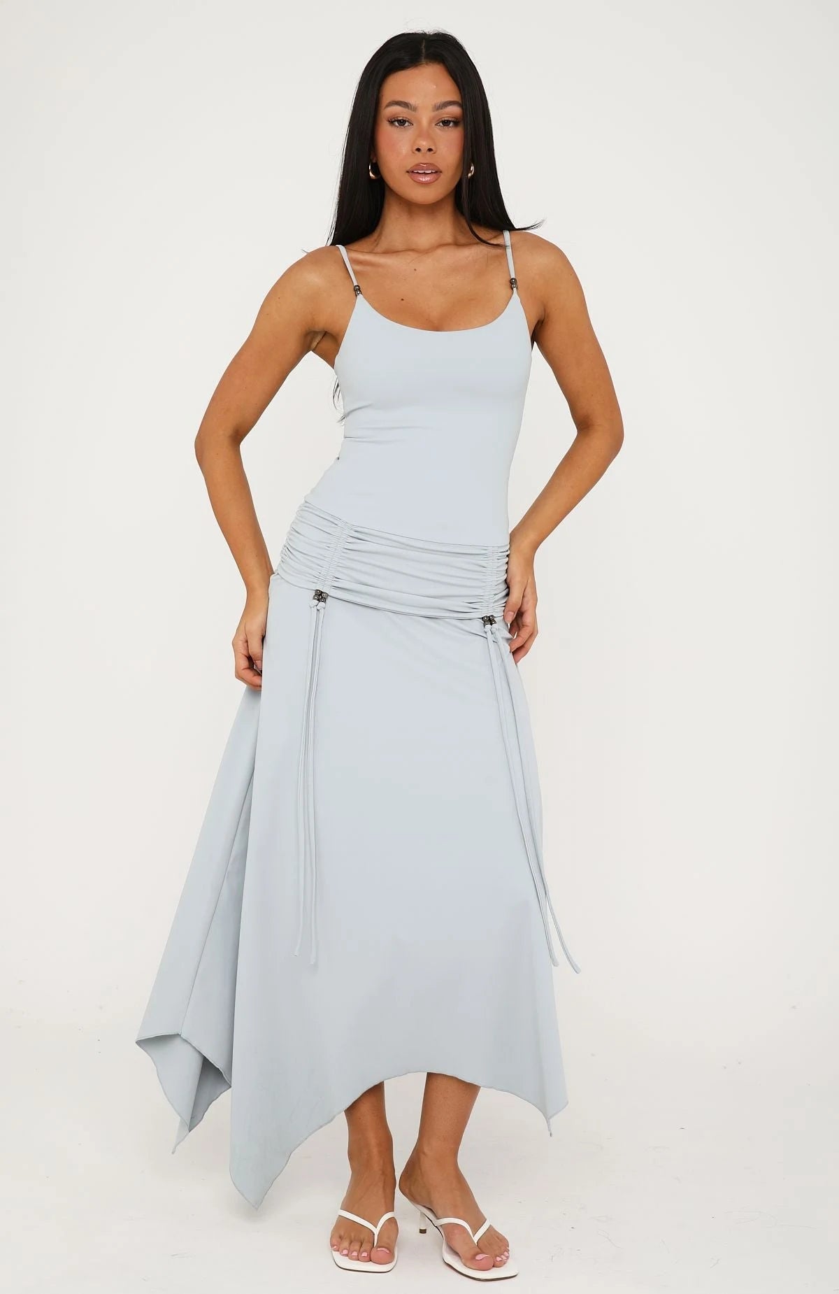 Chic A-Line Scoop Neck Sleeveless Ruched Sky Blue Midi-Maxi Prom Dress Women's