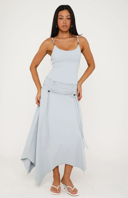 Chic A-Line Scoop Neck Sleeveless Ruched Sky Blue Midi-Maxi Prom Dress Women's