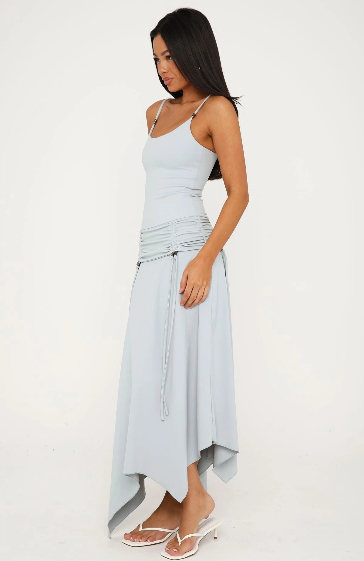 Chic A-Line Scoop Neck Sleeveless Ruched Sky Blue Midi-Maxi Prom Dress Women's